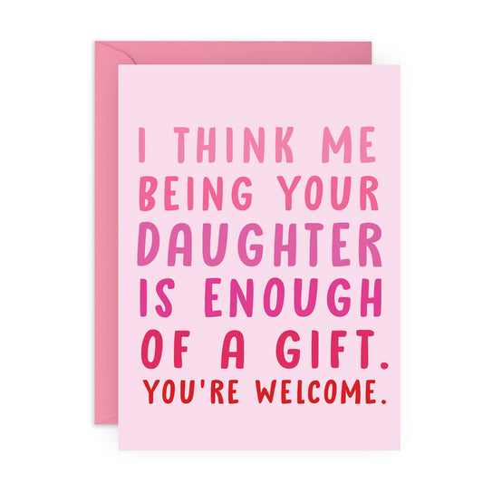 Pink card with humorous text message on a white background