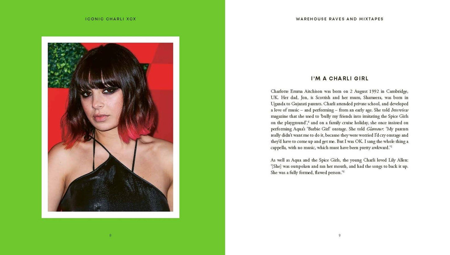 Book page with a photo of a Charli xcx and text on a green background