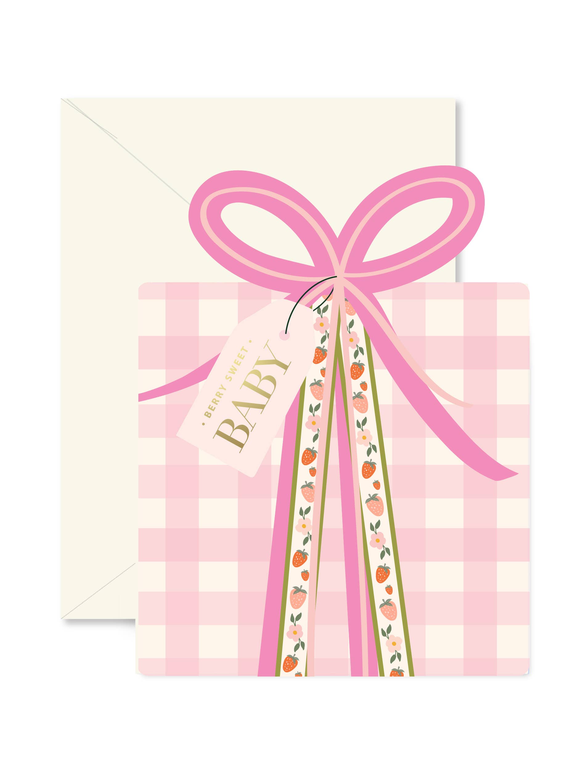 Baby shower invitation with pink bow and decorative ribbons on a checkered background