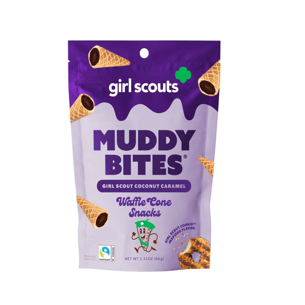 Girl Scouts Muddy Bites waffle cone snacks packaging on a white background