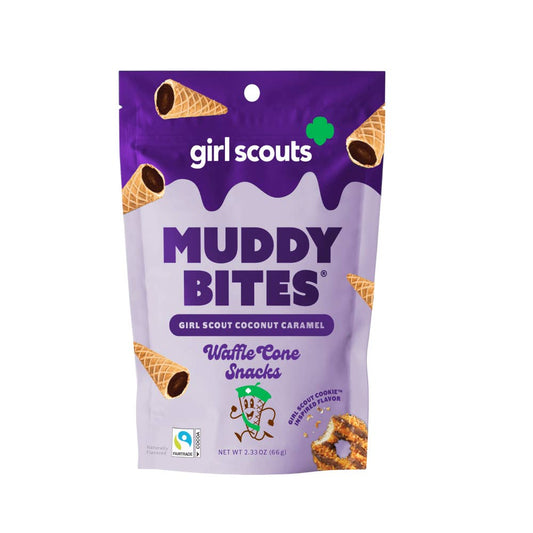Girl Scouts Muddy Bites waffle cone snacks packaging on a white background