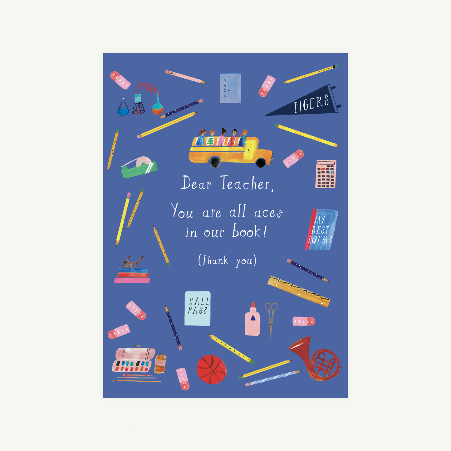 Card with school-themed illustrations and text on a blue background