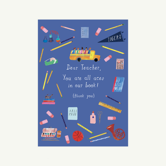 Card with school-themed illustrations and text on a blue background