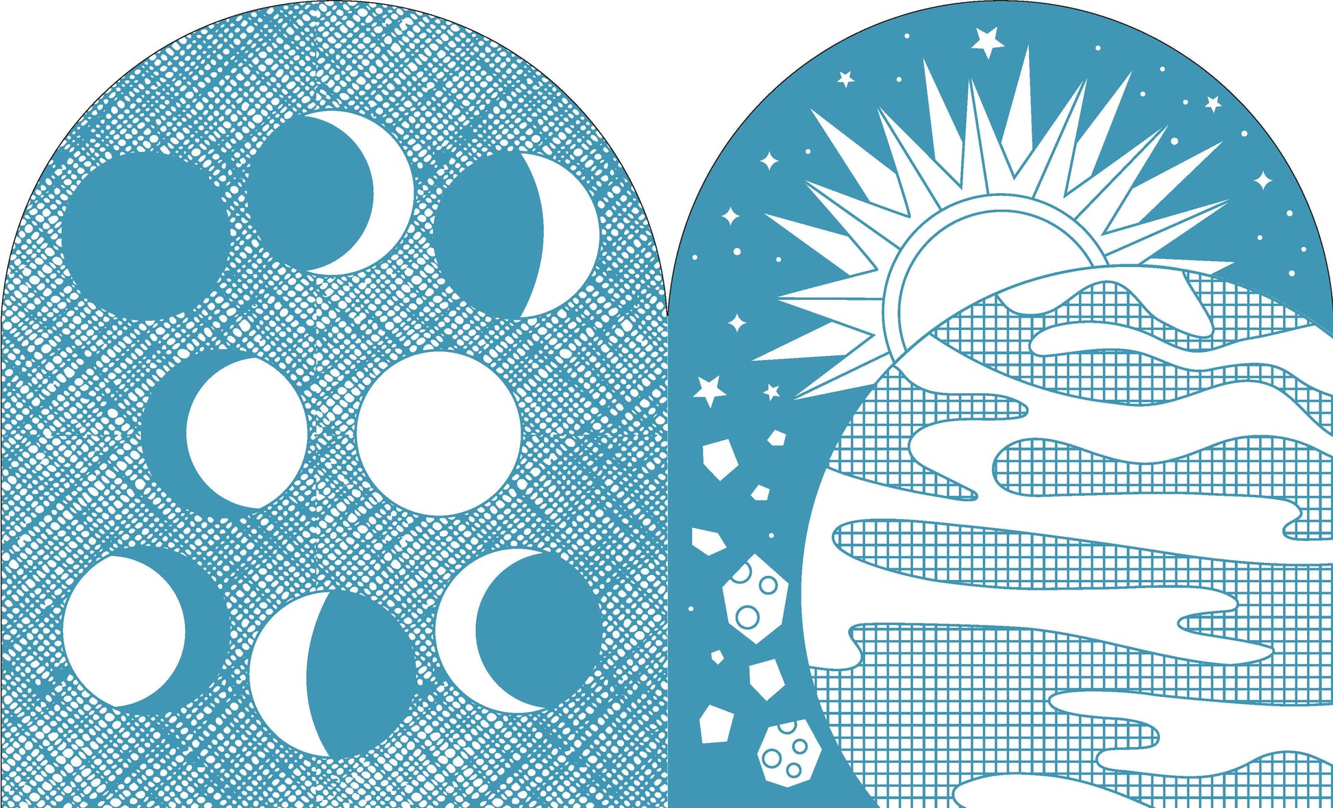 Illustrations of celestial bodies including a sun, moon, and stars on a blue background.