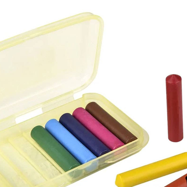Set of colorful crayons  in a yellow case on a white background