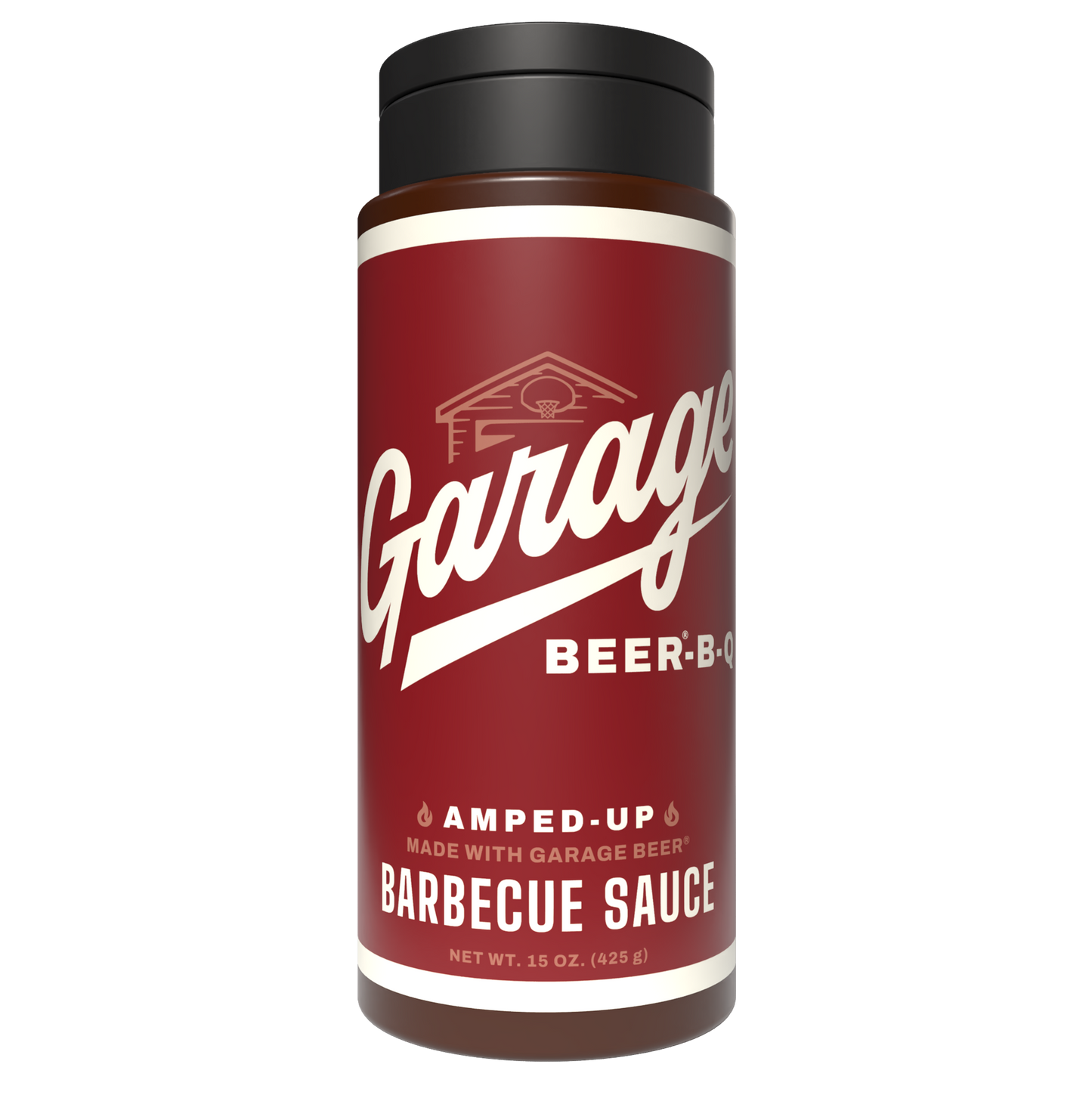 Barbecue sauce bottle with 'Garage Beer B-Q' branding on a white background