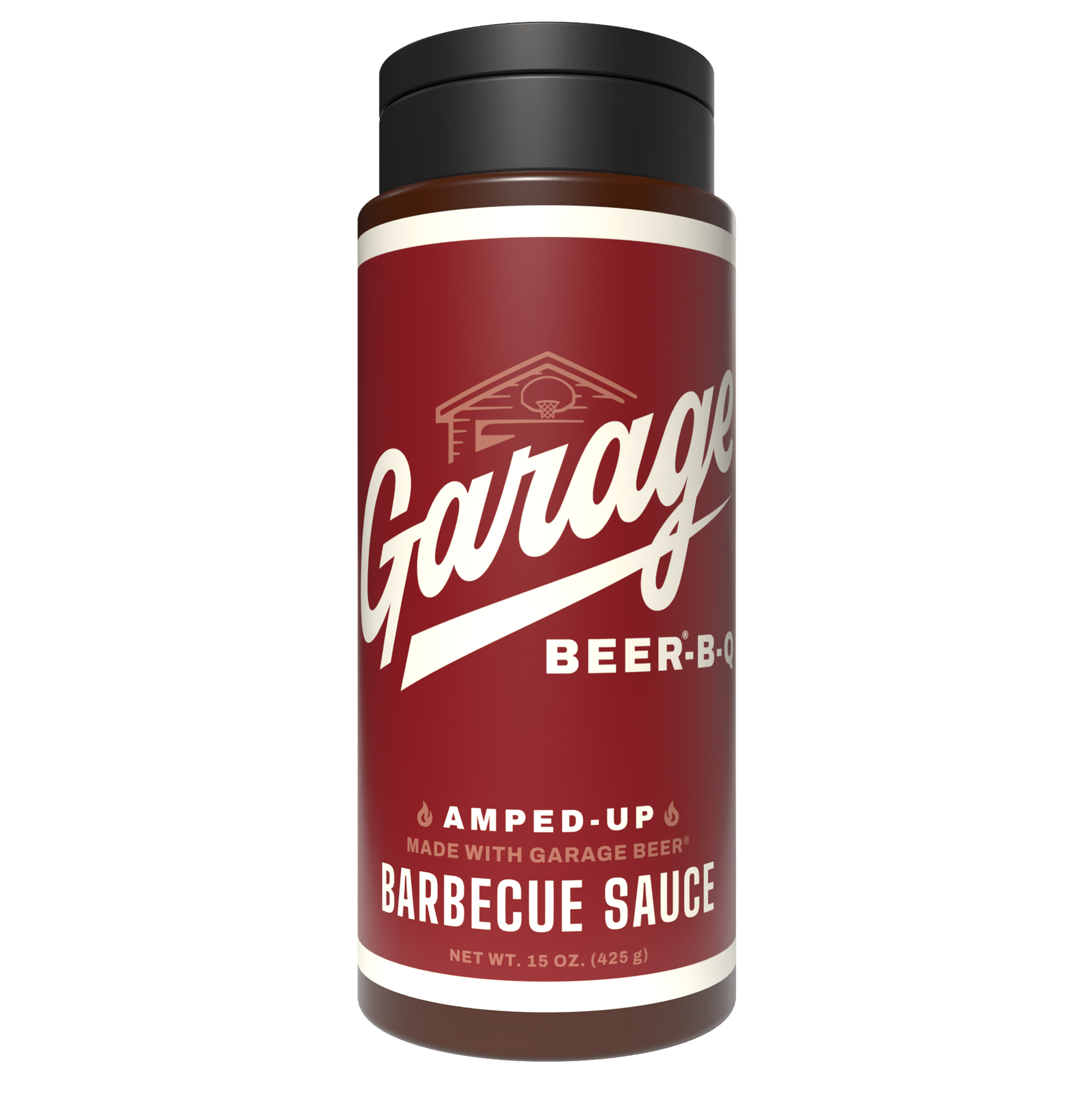 Barbecue sauce bottle with 'Garage Beer B-Q' branding on a white background