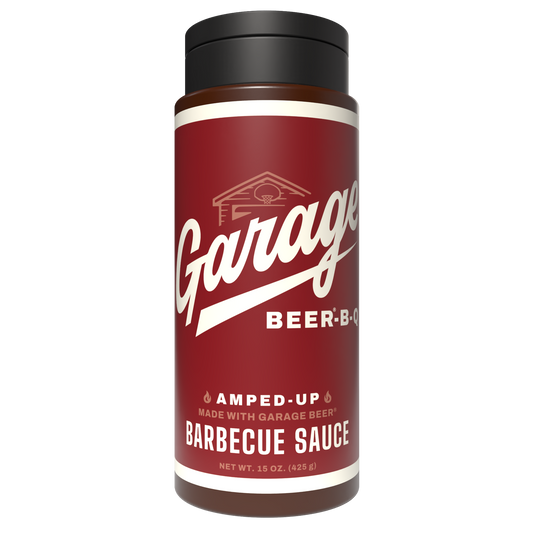 Barbecue sauce bottle with 'Garage Beer B-Q' branding on a white background