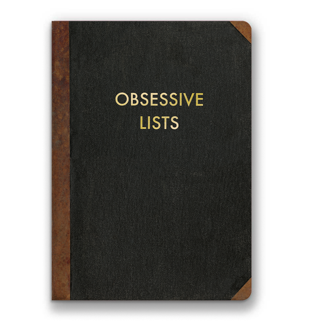 Black notebook with 'OBSESSIVE LISTS' in gold on a white background