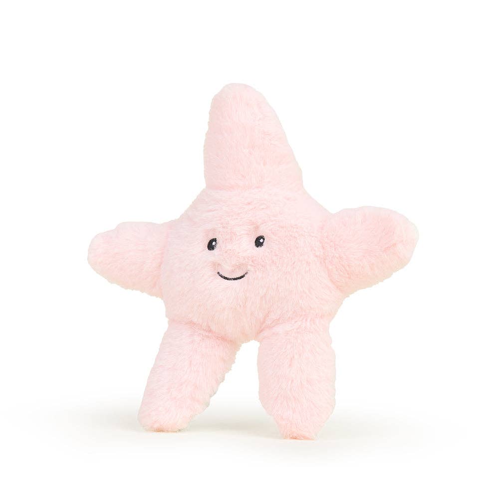 Pink plush starfish Warmies with a smiling face on a white background
