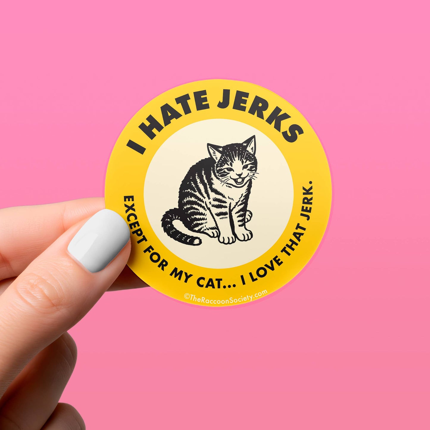 Sticker with a cat illustration and text held by a hand against a pink background
