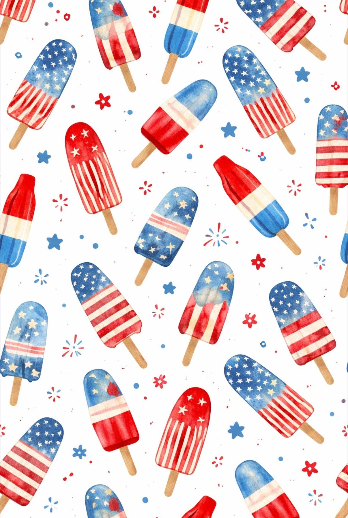 Pattern of American flag-themed popsicles on a white background