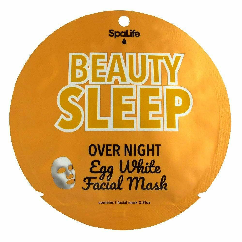 Gold circle packaging of SpaLife Beauty Sleep Egg White Facial Mask on a white background