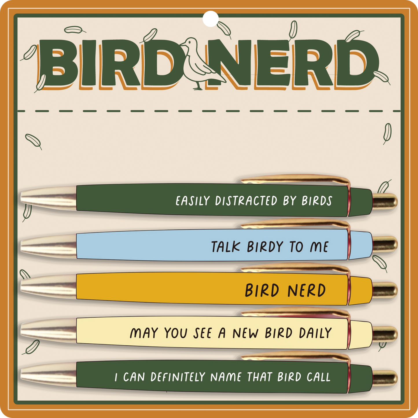 Set of pens with humorous phrases on a 'Bird Nerd' branded packaging.