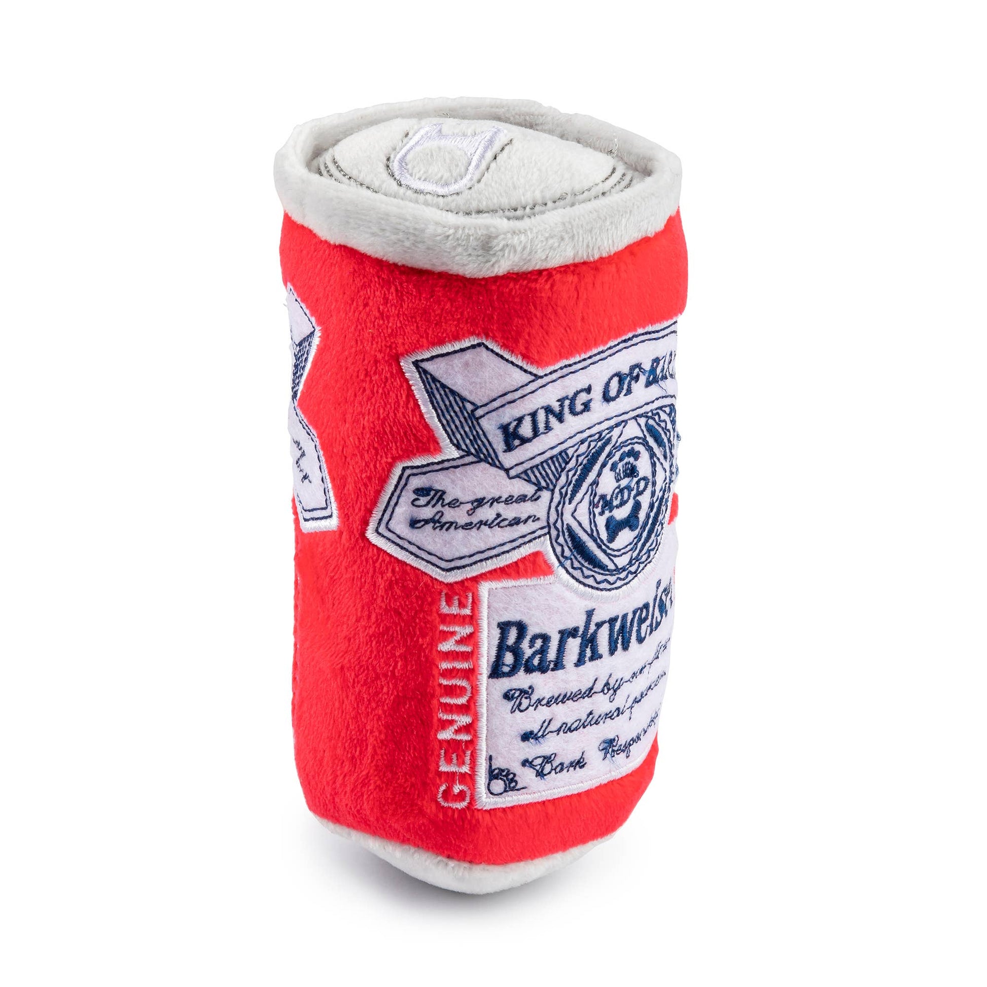 Dog toy resembling a beer can with 'Barkweiser' branding on a white background
