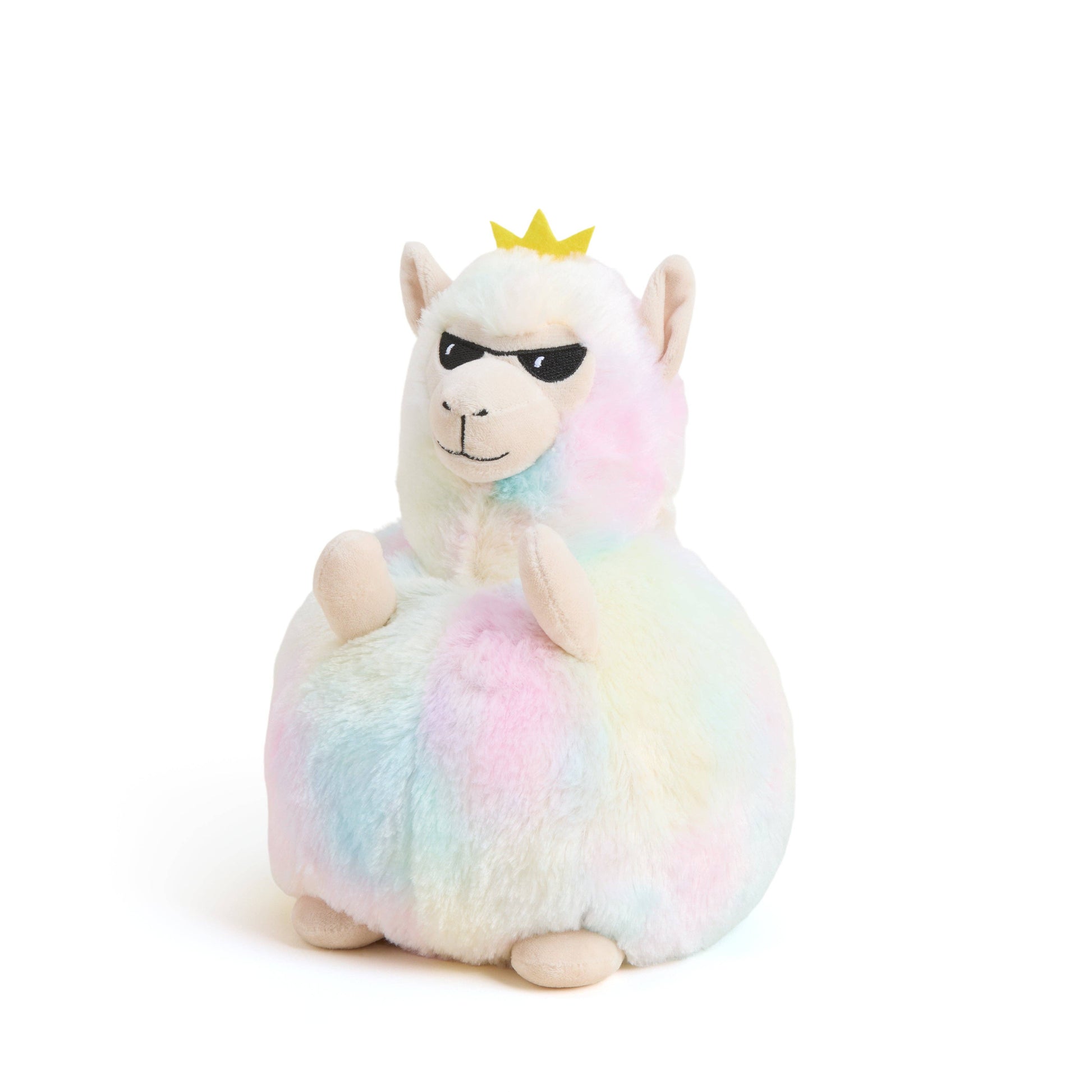 Plush toy llama with rainbow fur and a yellow crown on a white background