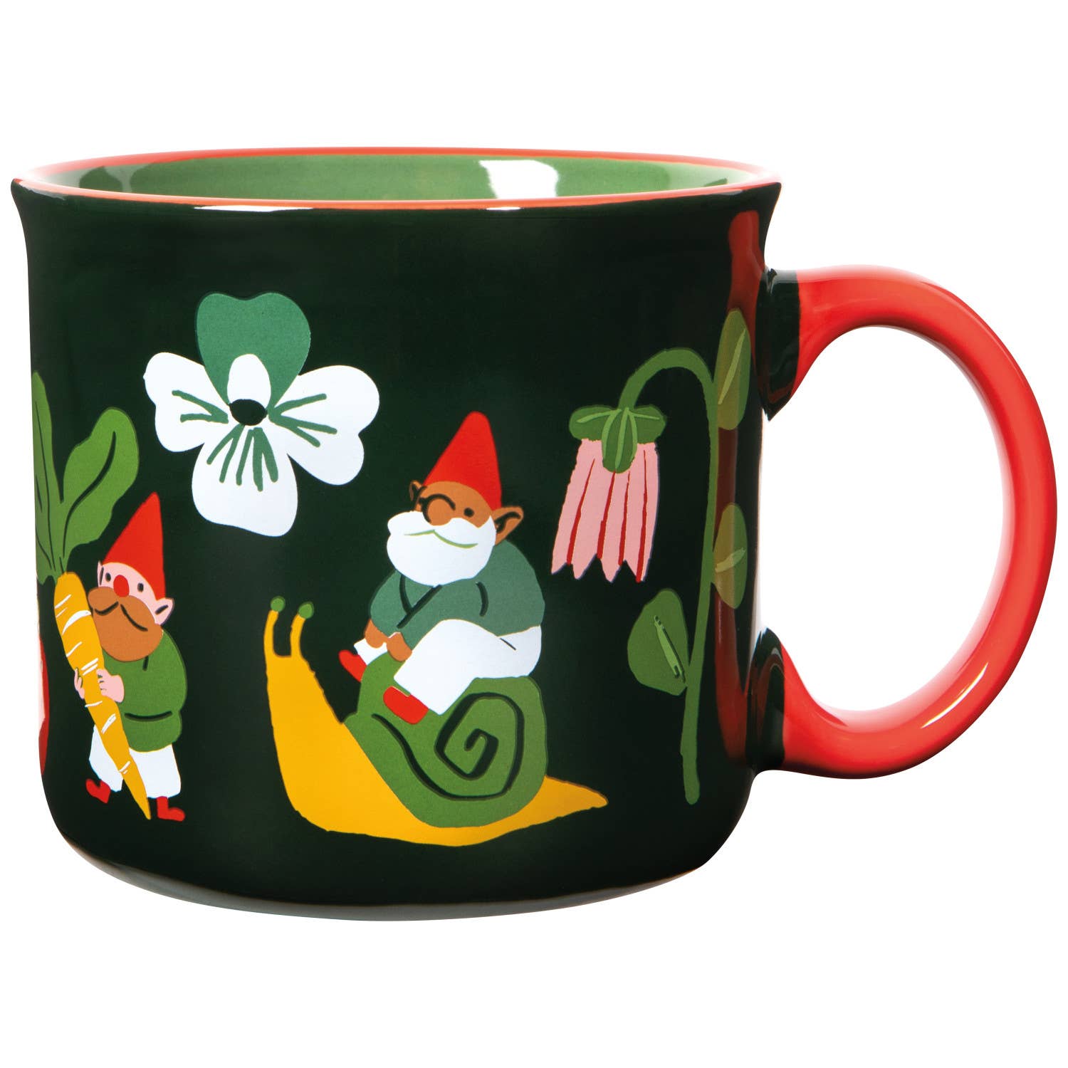 Mug with garden gnome and flower design on a black background