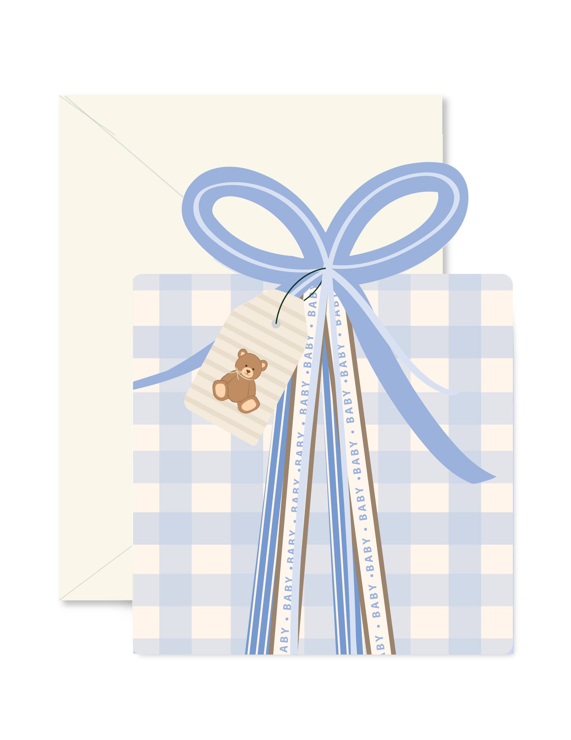 Baby shower invitation with blue ribbon and teddy bear tag on a white background