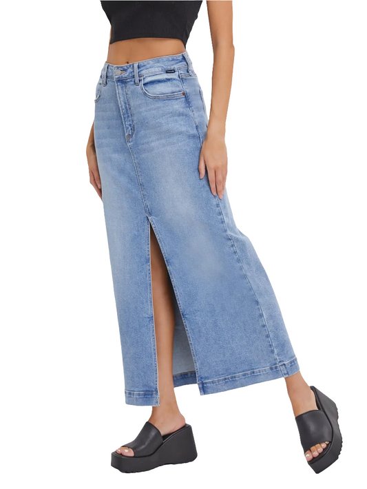 Mid-Waist Denim Maxi Skirt