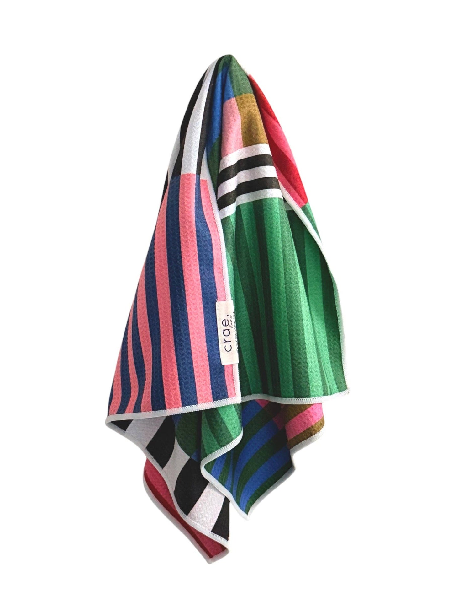Colorful striped towel with a brand logo on a white background