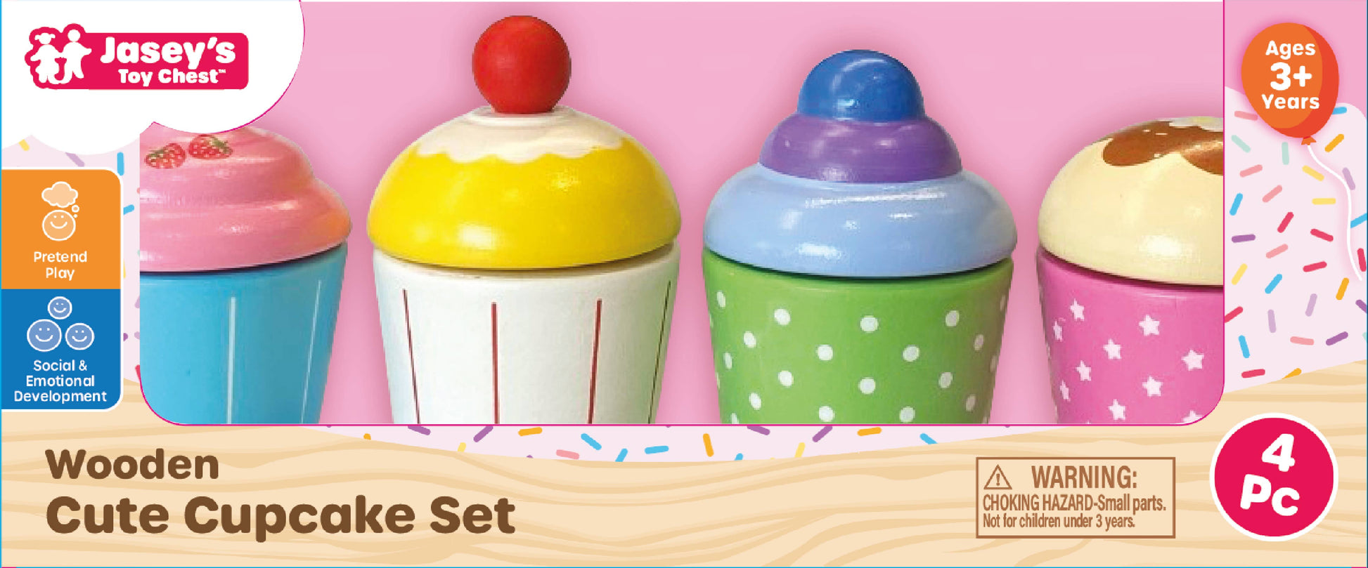 Set of wooden cupcake toys in a box with colorful tops on a pink background.