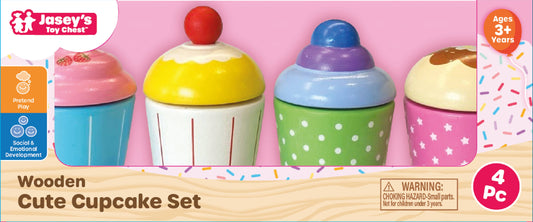 Set of wooden cupcake toys in a box with colorful tops on a pink background.