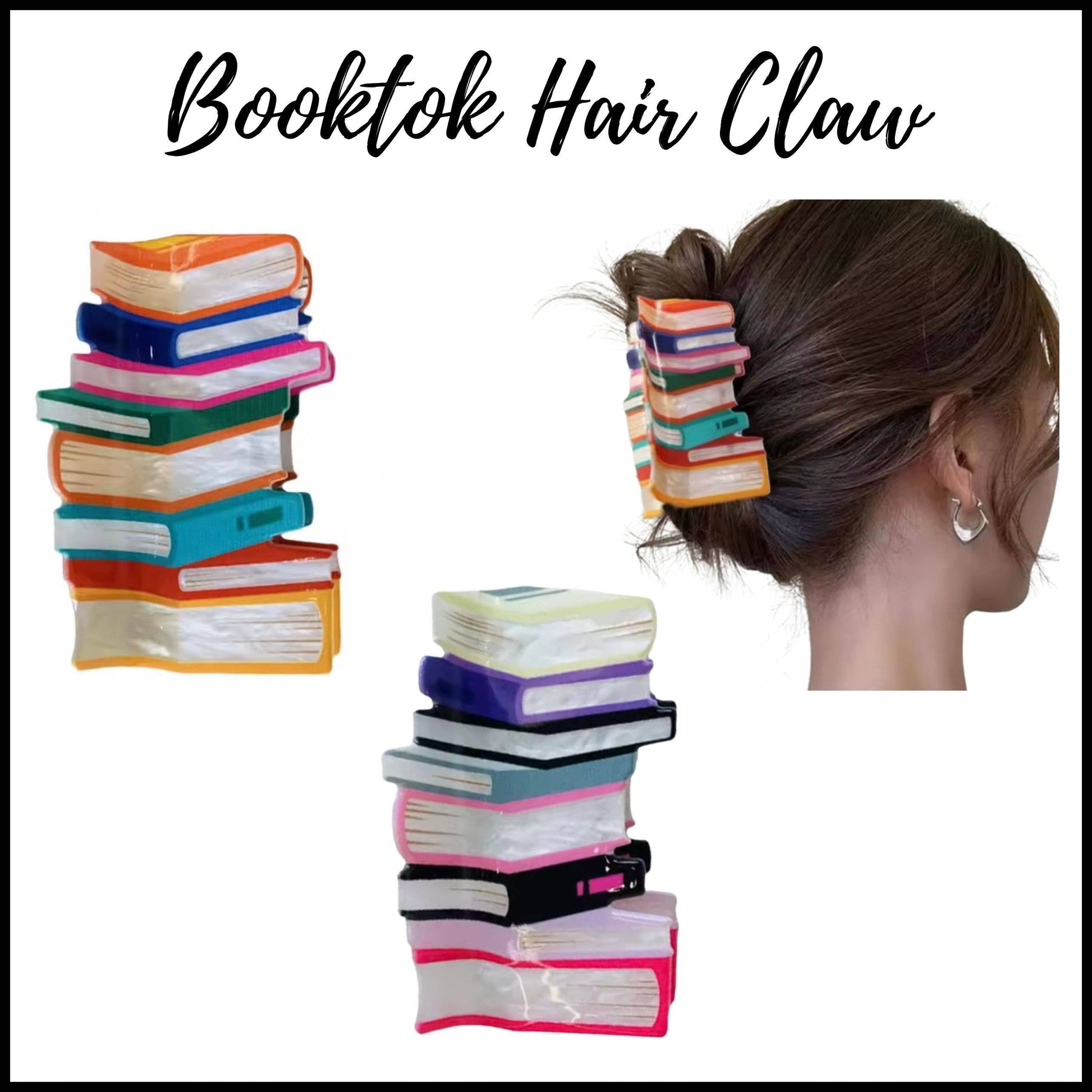 Colorful hair claw shaped like a stack of books with a person wearing it.