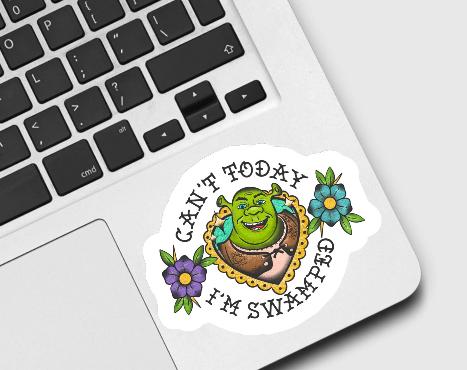 Sticker with Shrek design on a laptop keyboard