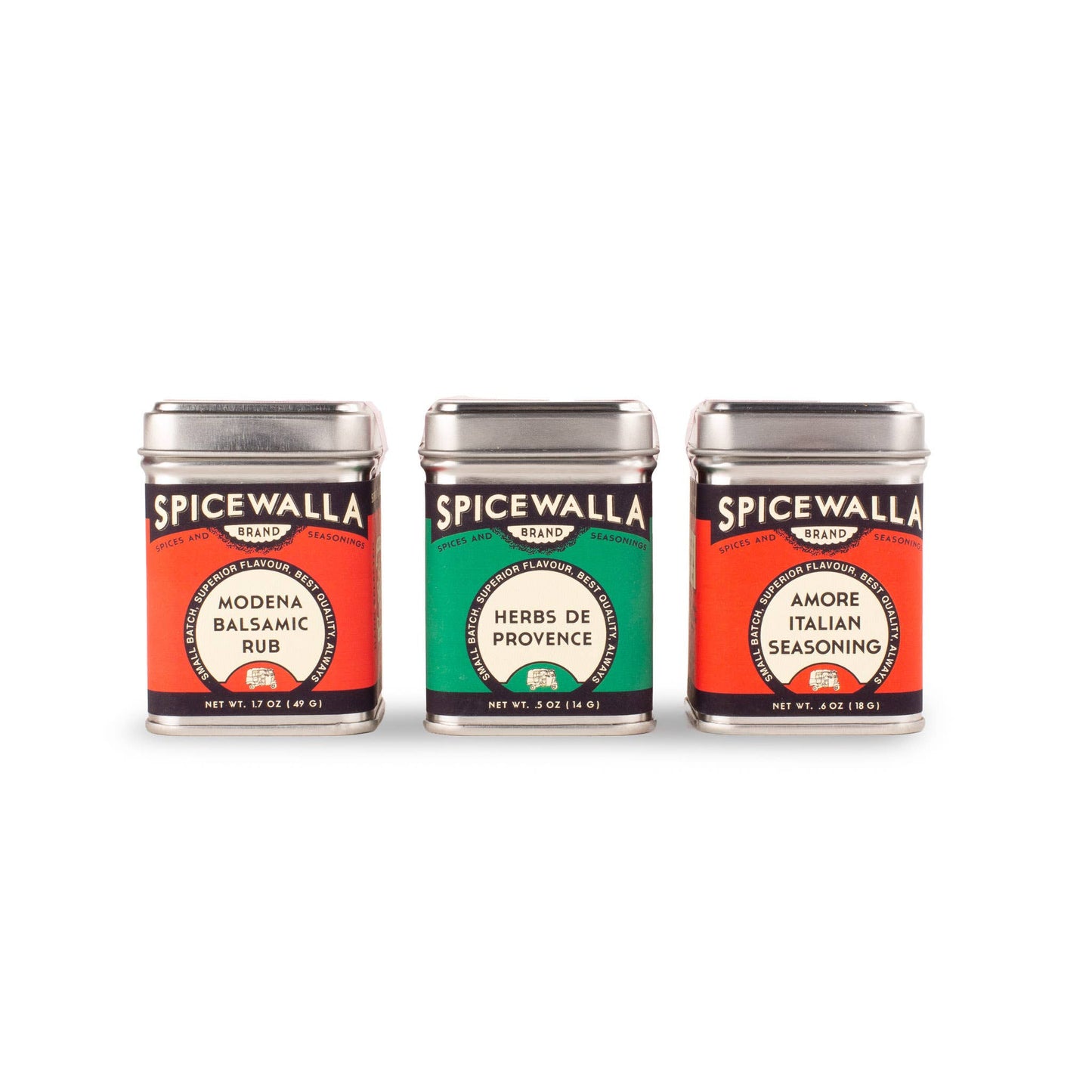 Three Spicewalla spice tins on a white background