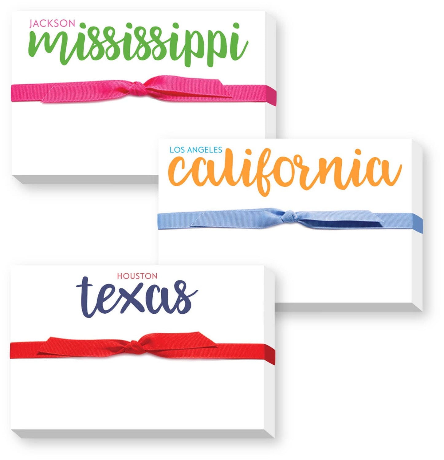 Three gift boxes with ribbons labeled 'Jackson, Mississippi', 'Los Angeles, California', and 'Houston, Texas' on a white background.