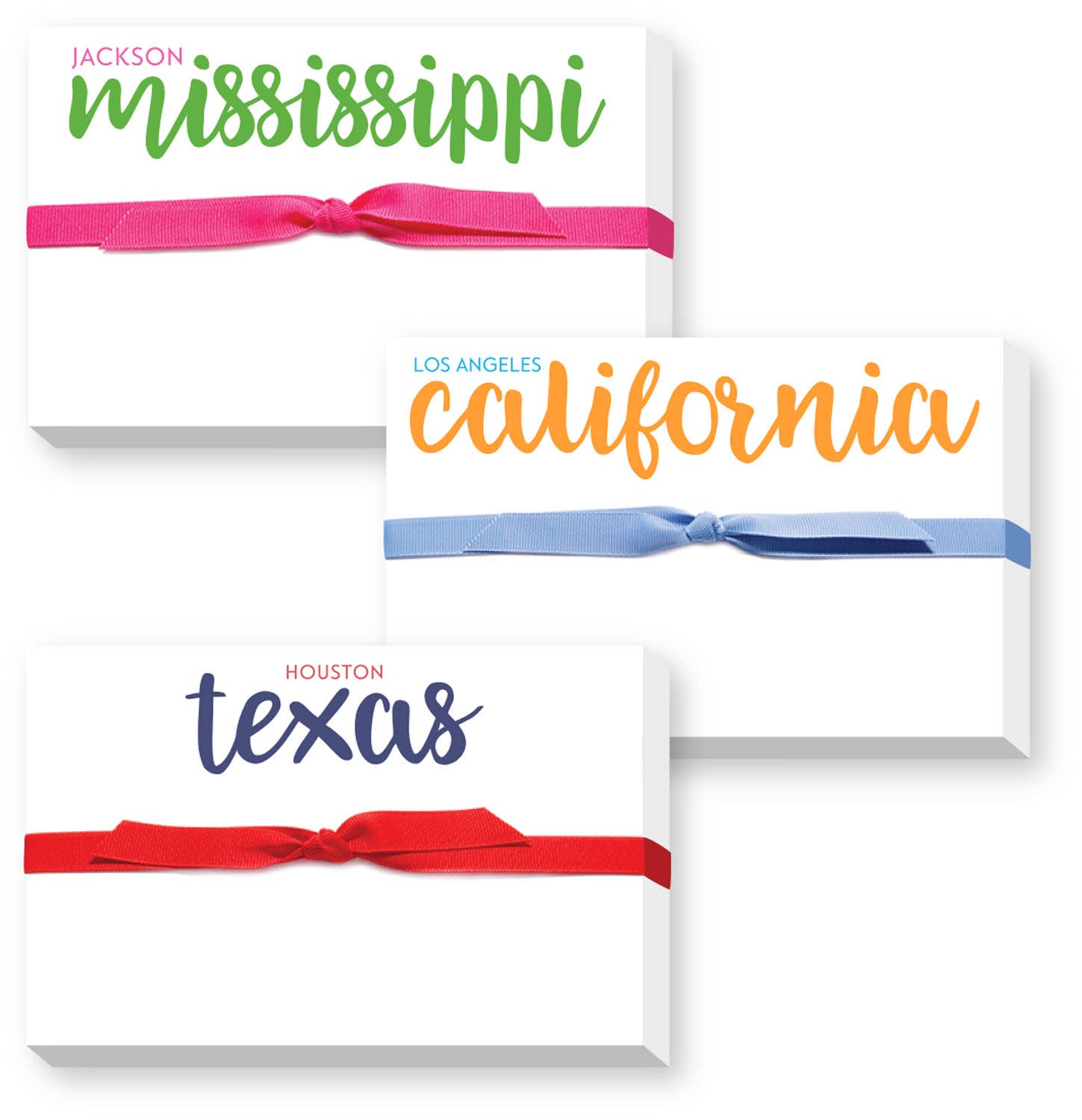 Three gift boxes with ribbons labeled 'Jackson, Mississippi', 'Los Angeles, California', and 'Houston, Texas' on a white background.
