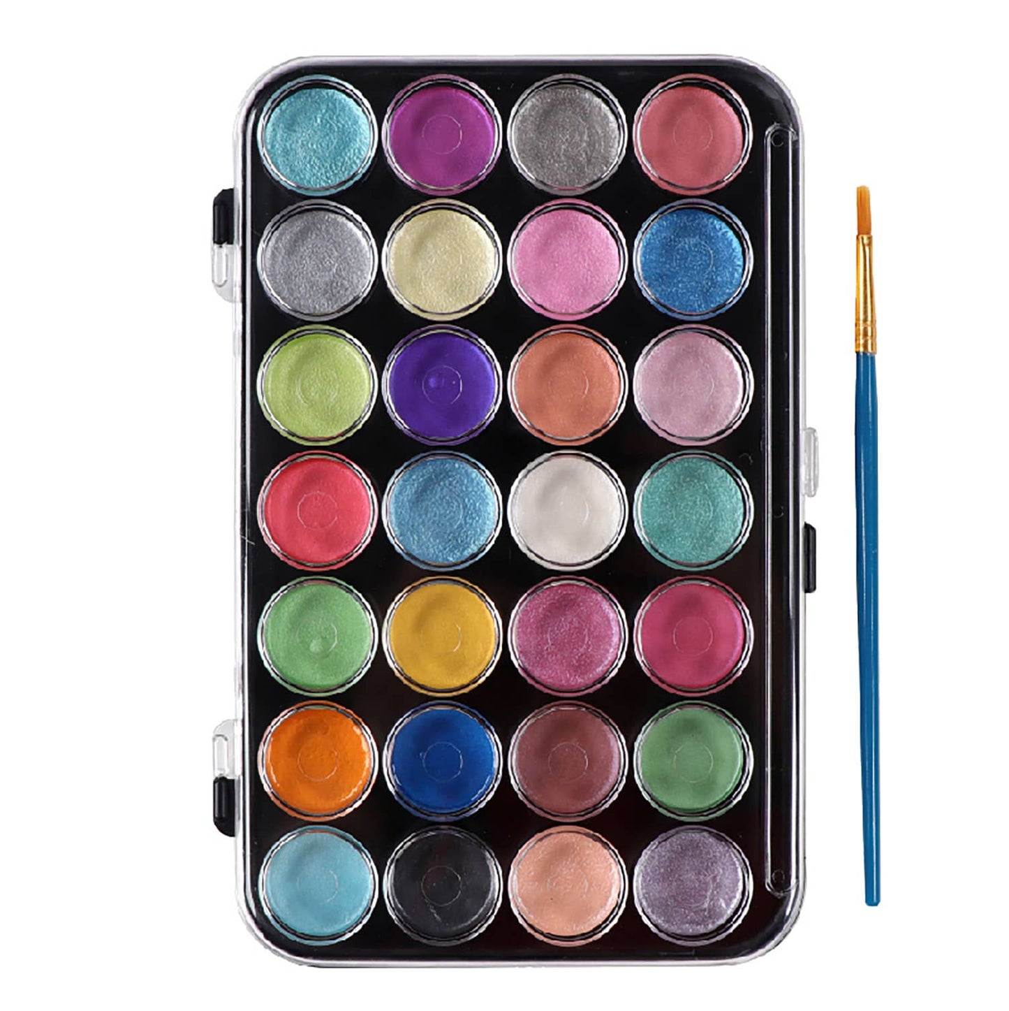 Set of 36 colorful paint pots in a black case with a paintbrush on a white background