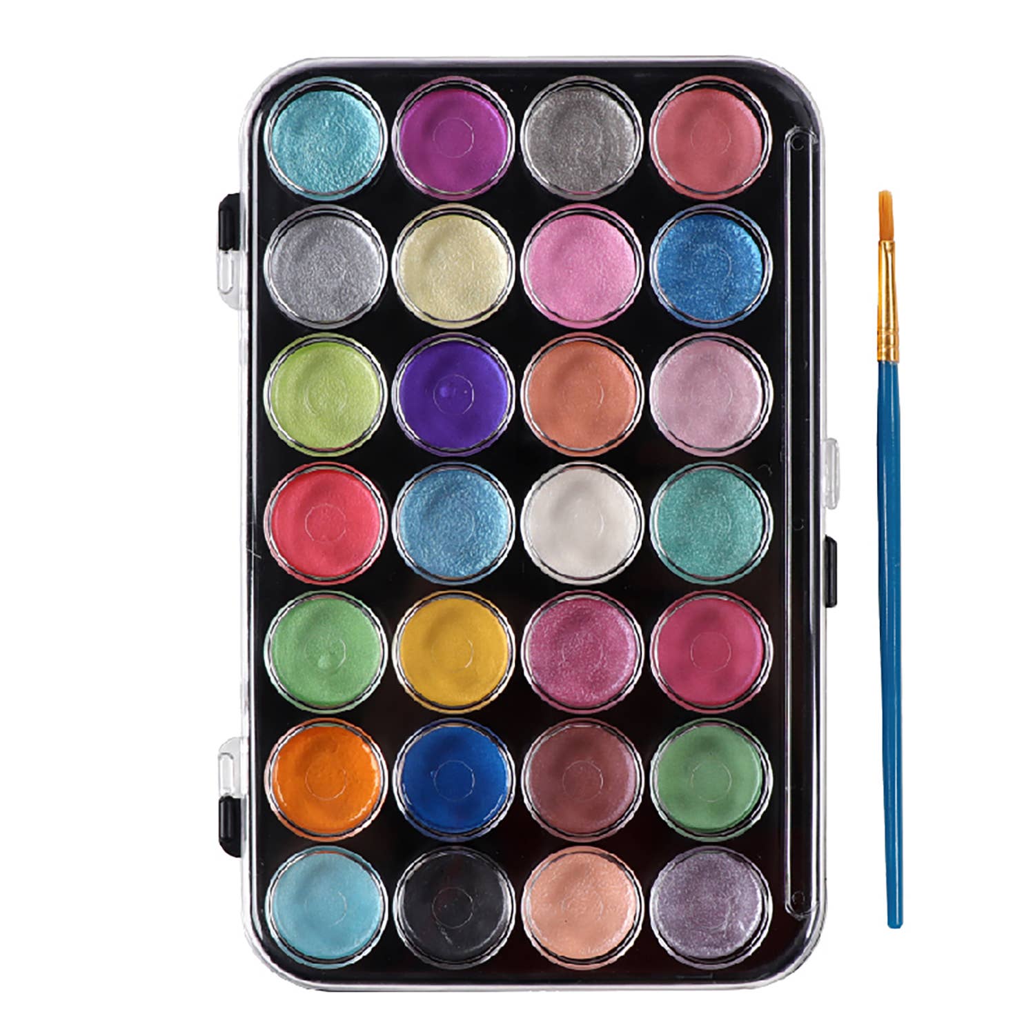 Set of 36 colorful paint pots in a black case with a paintbrush on a white background