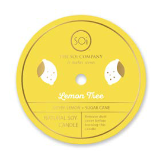 Yellow candle packaging with 'Lemon Tree' flavor and 'The Soy Company' branding on a white background.