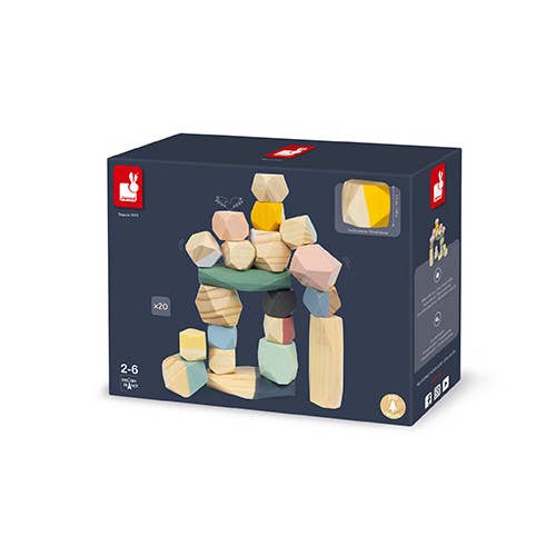 Box of colorful wooden building blocks with a clear window