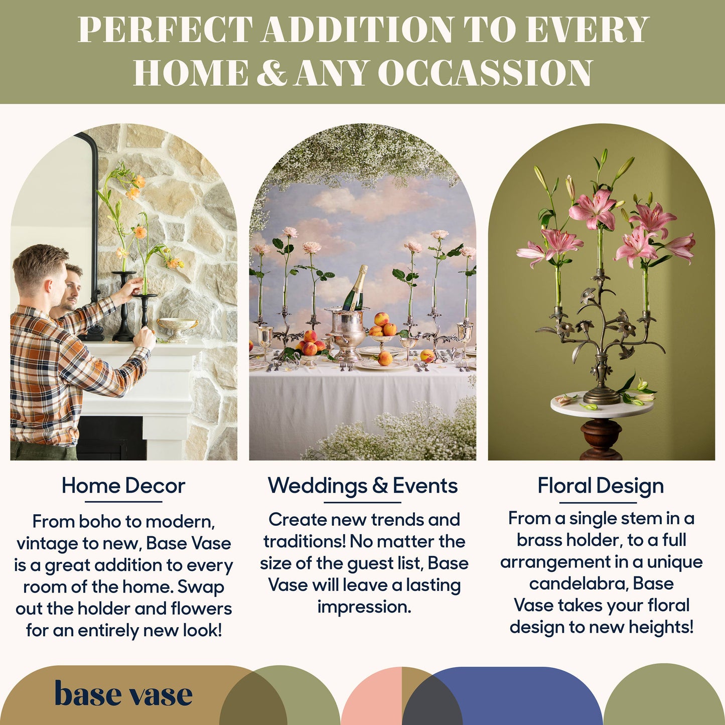 Advertisement for Base Vase with images of home decor, weddings, and floral design.