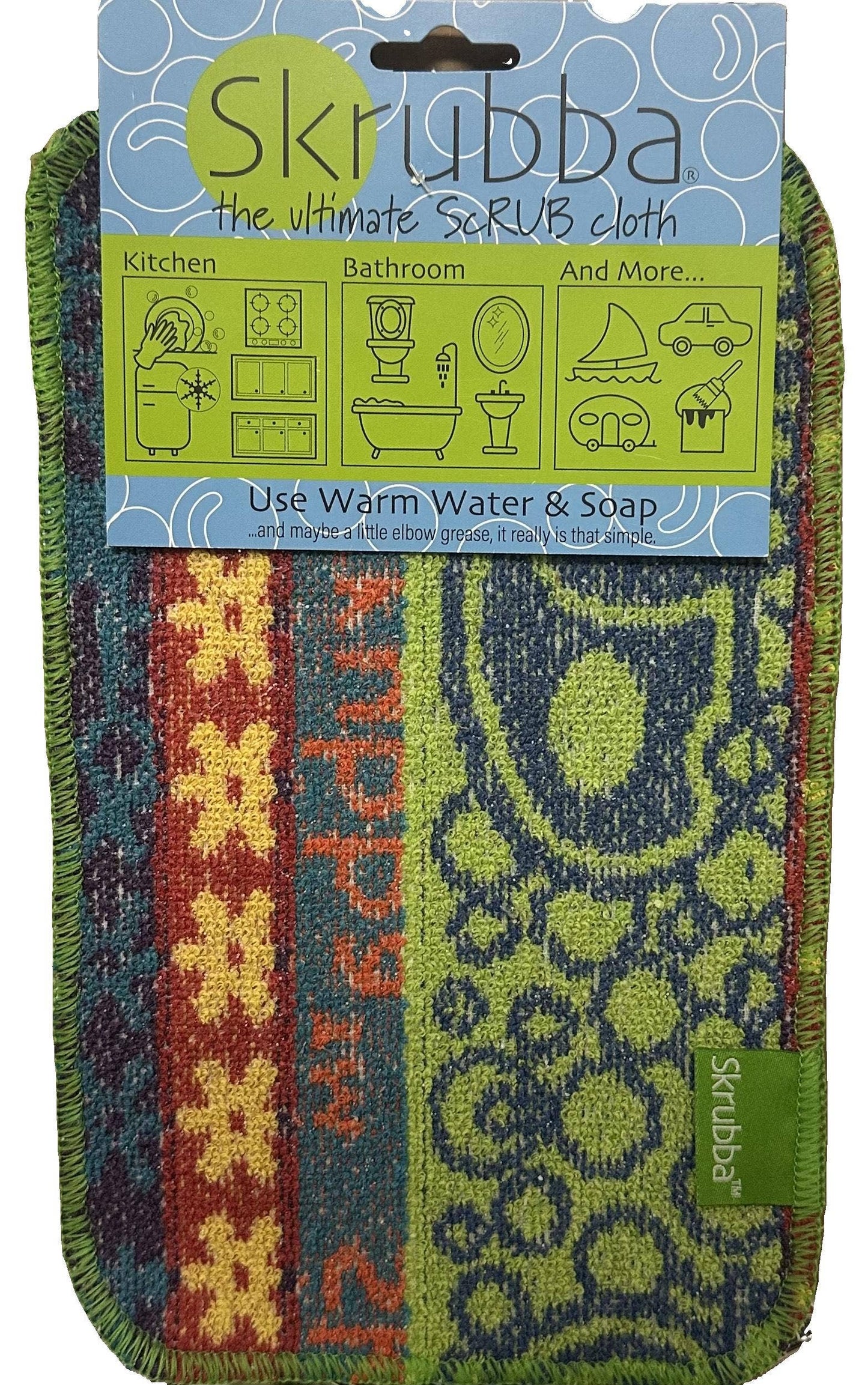 Skrubba scrub cloth with patterned design on packaging