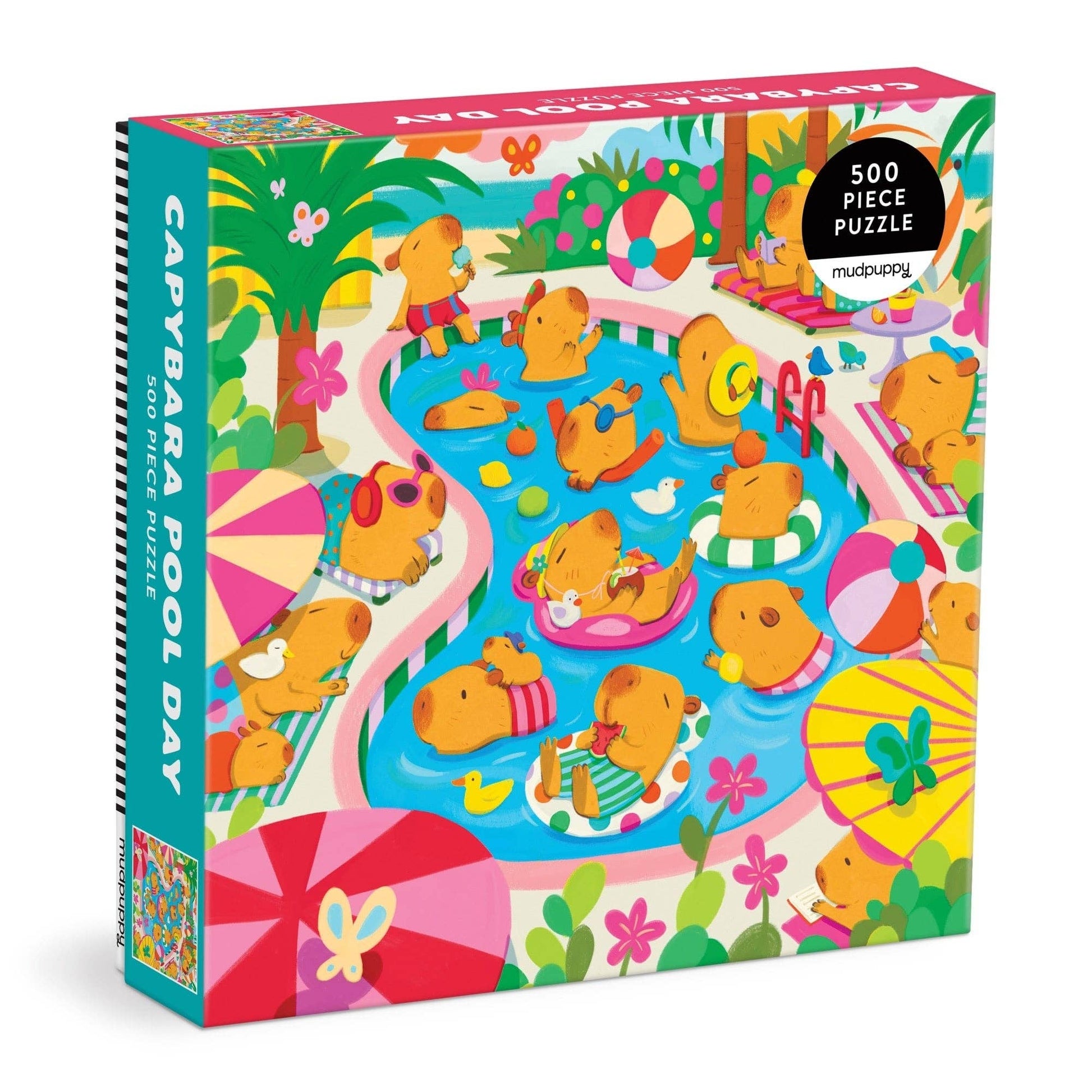 Colorful puzzle box featuring capybaras at a pool party with 'Capybara Pool Day' text.