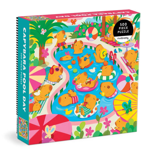 Colorful puzzle box featuring capybaras at a pool party with 'Capybara Pool Day' text.