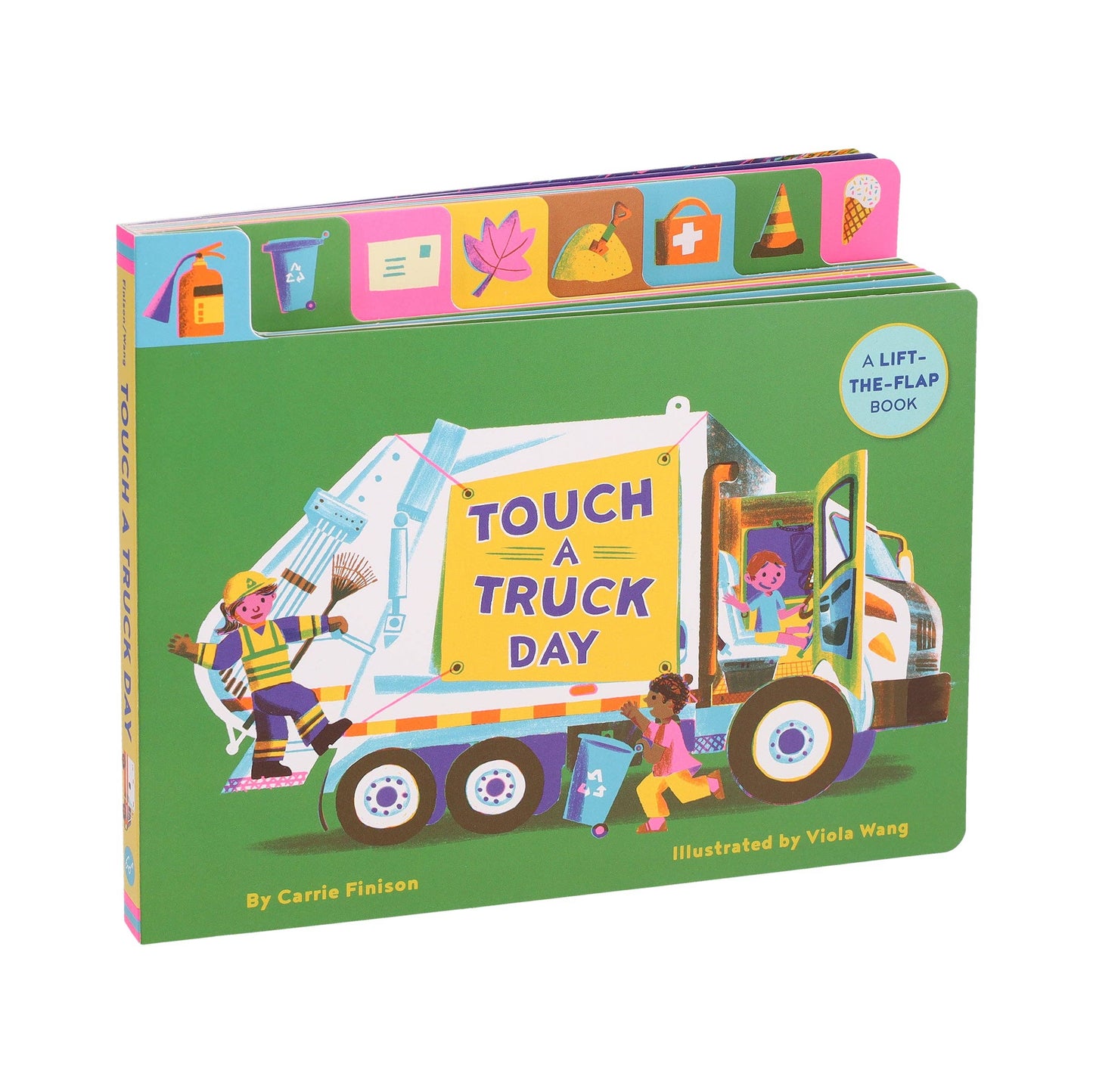 Children's book titled 'Touch a Truck Day' with colorful illustrations on a white background