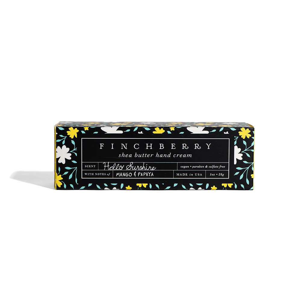 Finchberry shea butter hand cream packaging with floral design on a white background