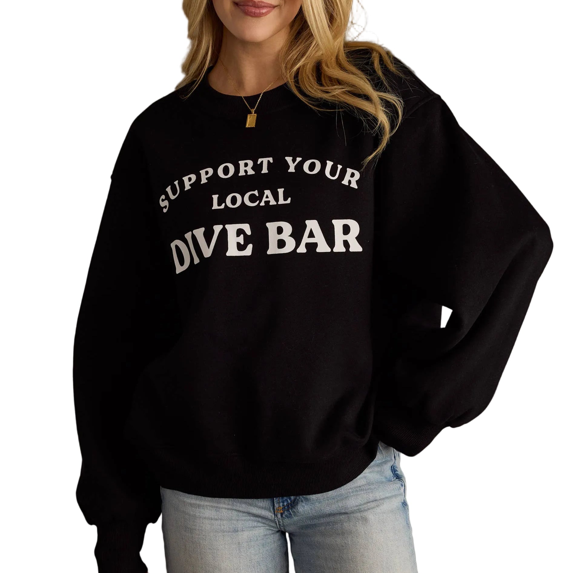 Woman wearing a black sweatshirt with 'Support Your Local Dive Bar' text on a white background