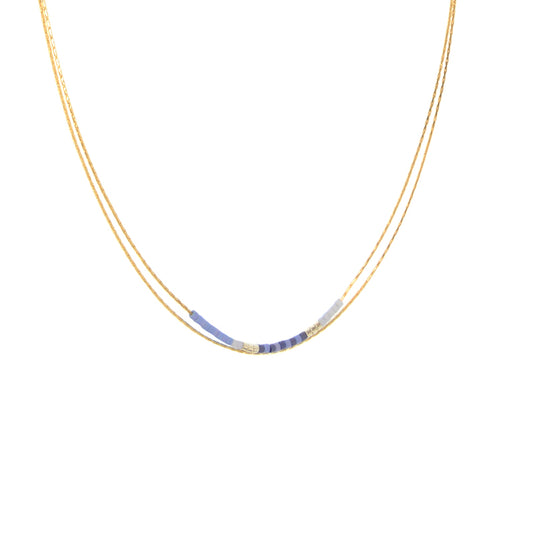 Gold Two Row Chain with Blue Beads Necklace