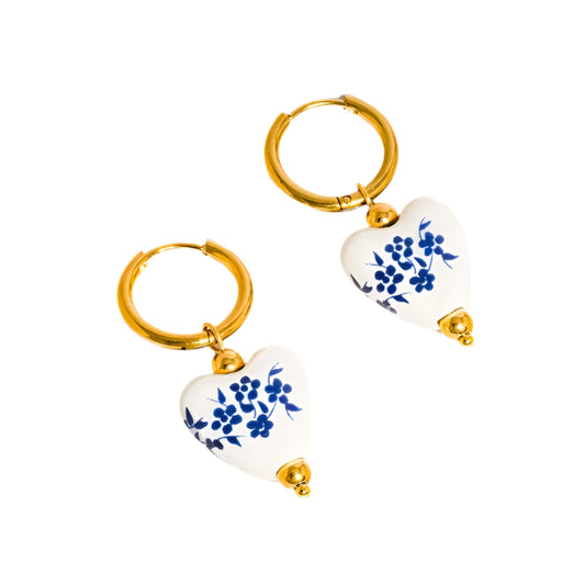Blue and White Ceramic Floral Heart Earrings