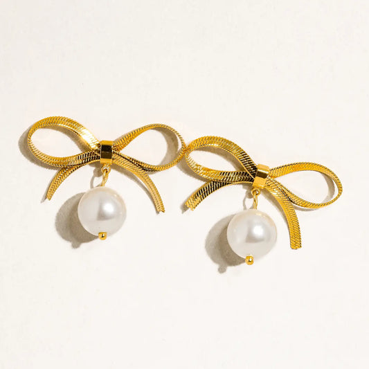 Gold Bow Dangle Pearl Earrings