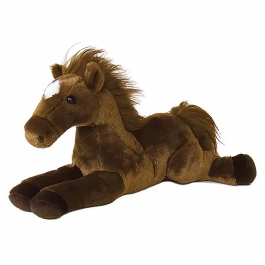 Brown plush horse toy on a white background