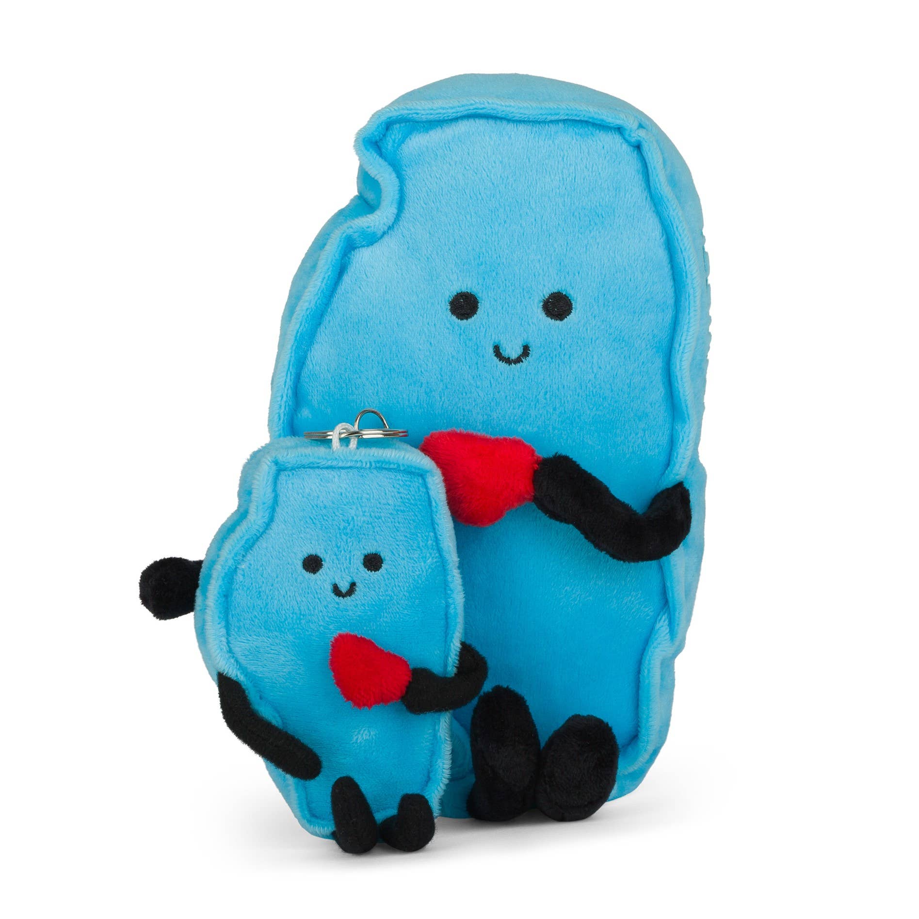 Blue plush toy with a heart and black legs on a white background