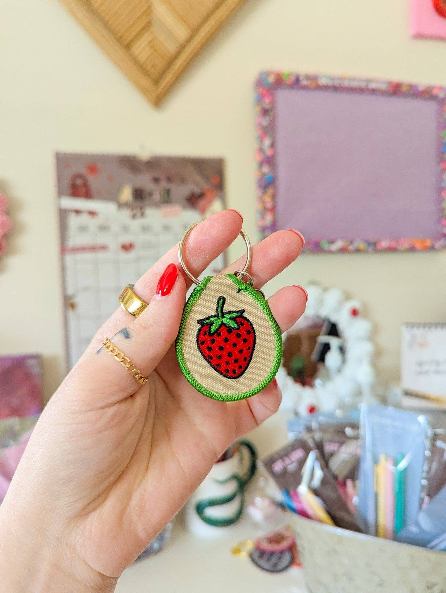 Embroidred Patch Keychain-Strawberry