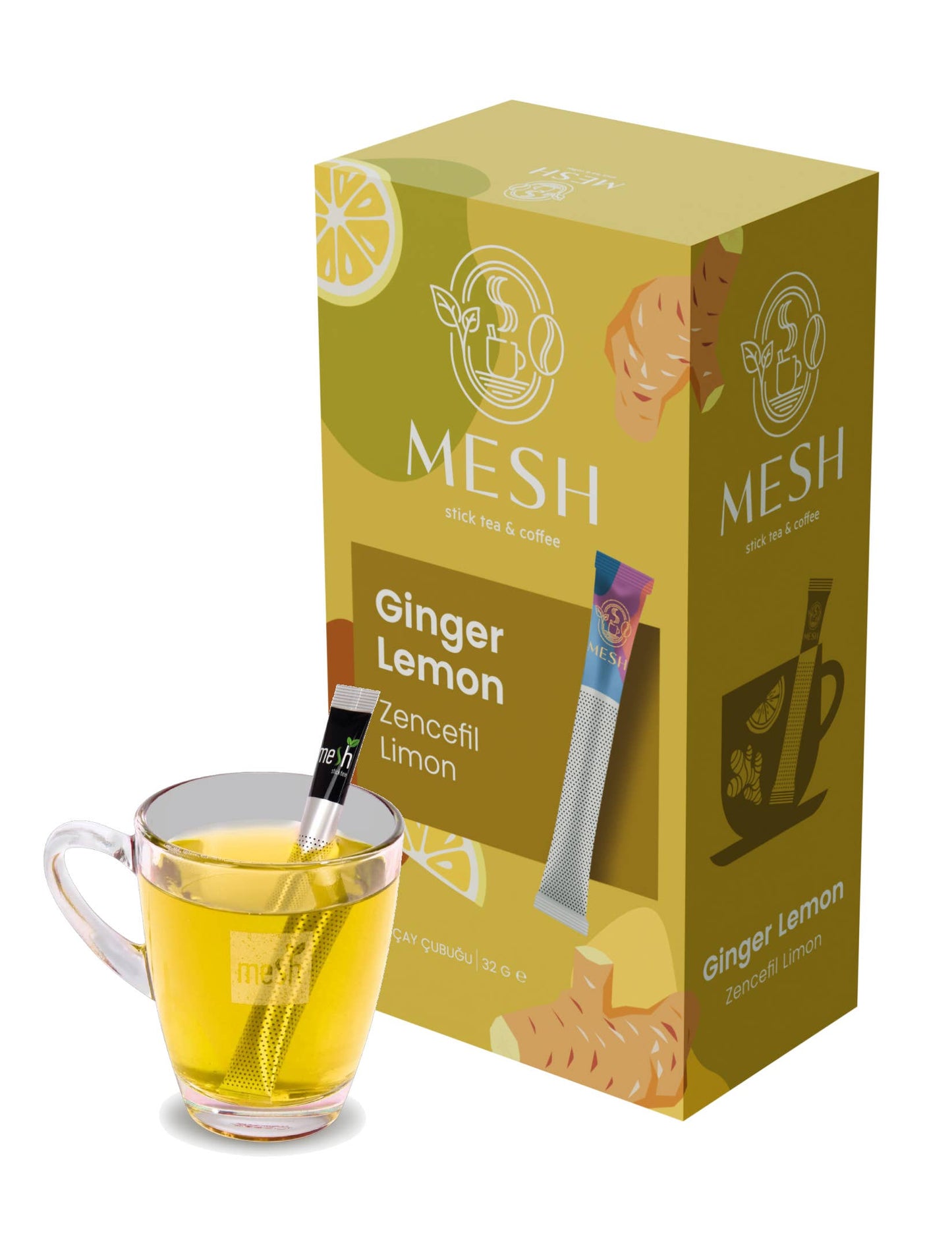Mesh Ginger Lemon tea packaging with a glass of tea on a white background