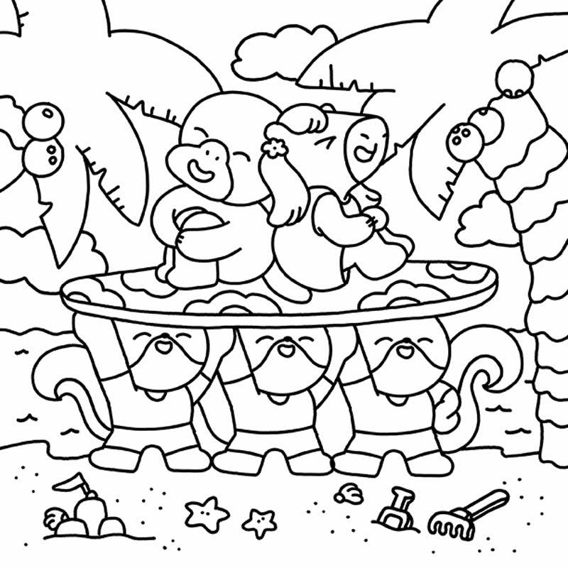 Coloring page with cartoon characters around a beach scene.